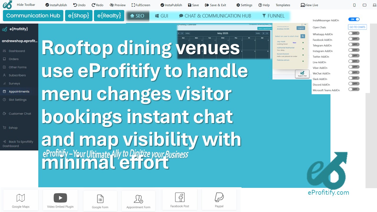 Rooftop dining venues use eProfitify to handle menu changes visitor bookings instant chat and map visibility with minimal effort